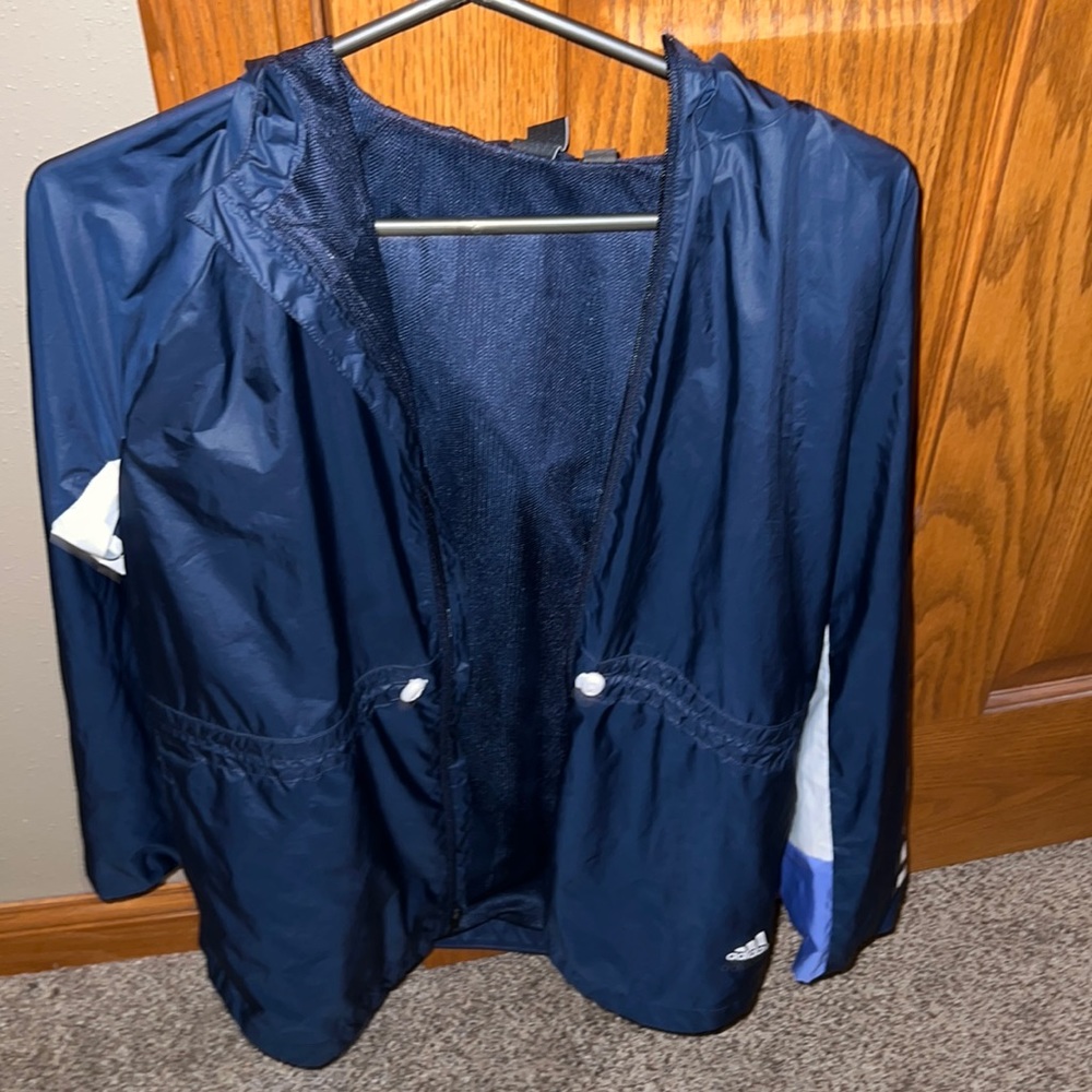 Navy Adidas windbreaker material full zip.